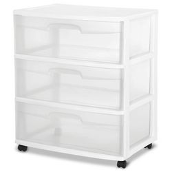 Storage Drawer, 3 Drawer Wide Plastic Storage Cart with clear Pull out Drawers, White