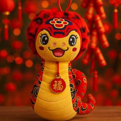 Chinese New Year 2025 Plush Red Lucky Snake With Lion Head, 8”