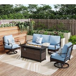 Brand New Patio Furniture Set with 56" Fire Pit Table, Premium Outdoor Wicker Metal Frame Furniture with Upgraded Waterproof Thick Cushions for Porch,