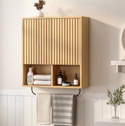 Fluted Wall Cabinet, Modern Wood Floating Bathroom Cabinet with Hanging Rod and Adjustable Shelf