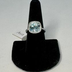 Ava Ro Sterling Silver Swarovski Crystal Ring Size 9 Light Azore Blue NWT