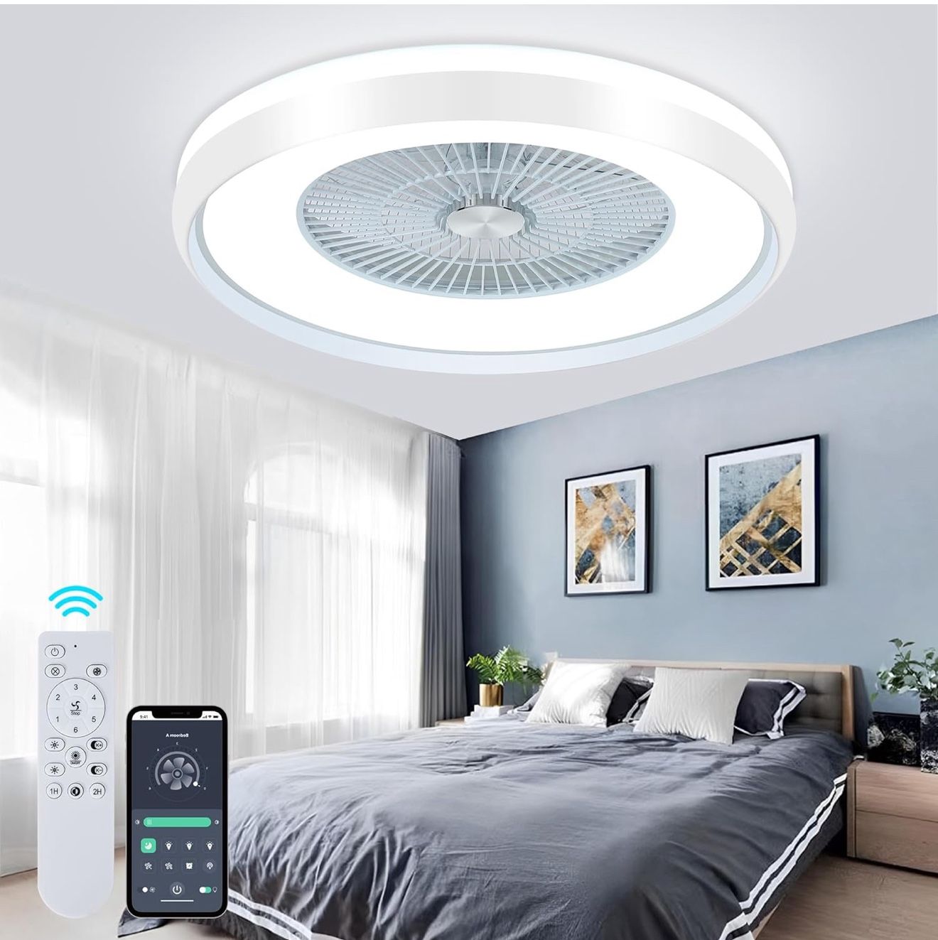 24" Low Profile Ceiling Fan with Light, Bladeless, Flush Mount with Remote & App Control, 6 Speeds, Timing Reversible, Enclosed for 3-Dimmable Light