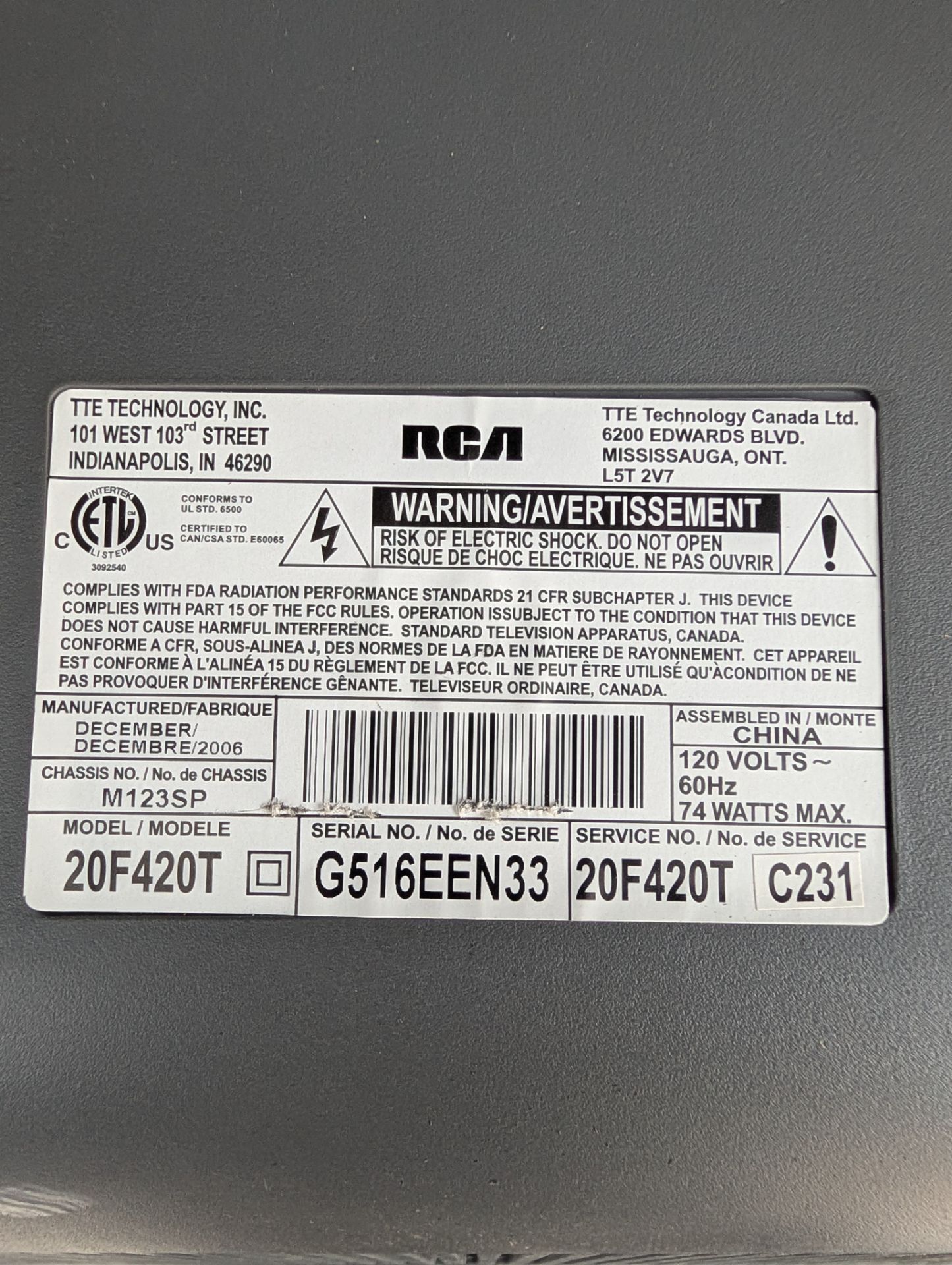 RCA CRT TV 20f420t