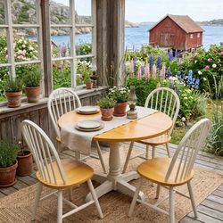 Set Of 4 Classic Wood Chairs And Table Windsor Spindle Back Cottage Farmhouse Cabin Cottage Scandinavian