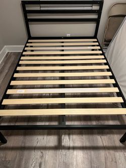 Twin Black Metal Bed Frame with Wood Slats