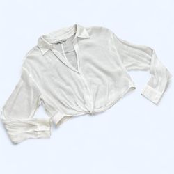 Love Tree Women’s Small White Long Sleeve Vneck Sheer Collard Button Up Blouse Tie Knot