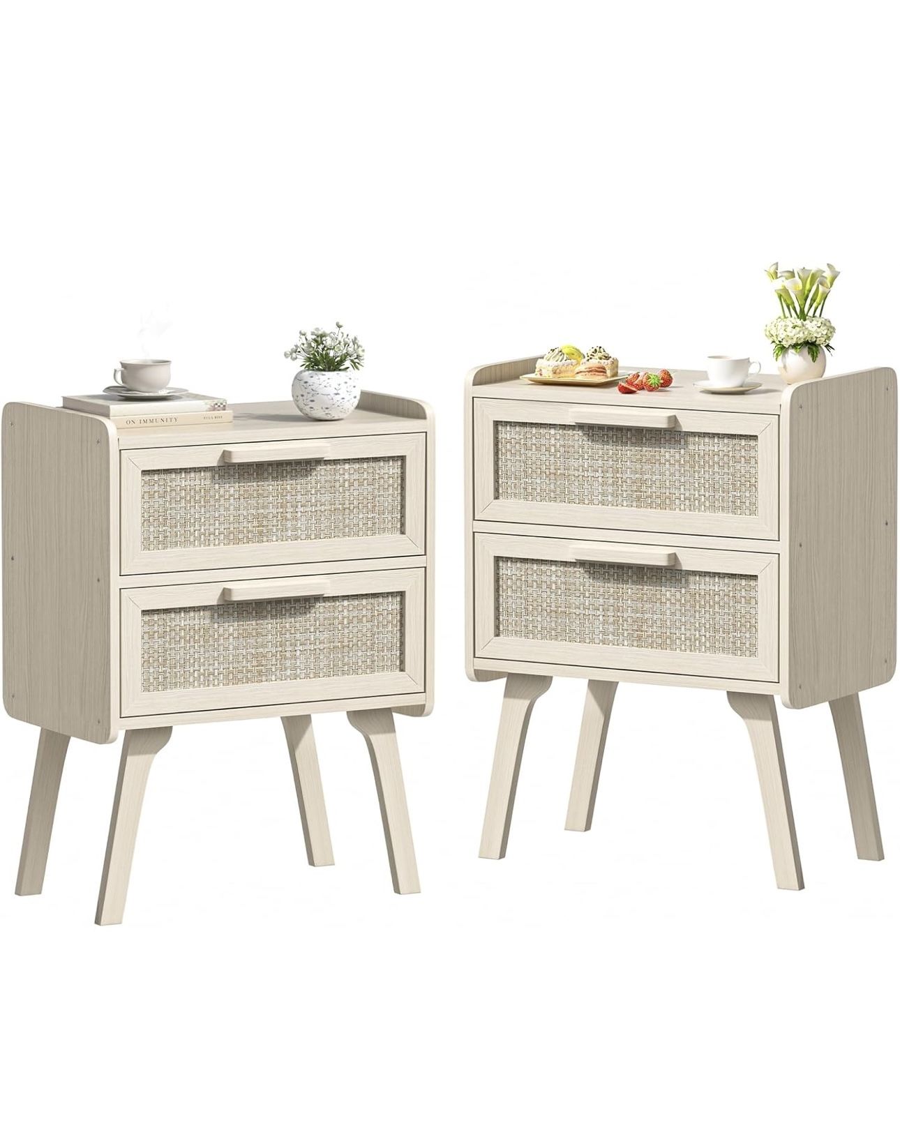 Rattan Nightstands Set of 2, Boho Night Stand with 2 Drawers, Cane Accent Side End Table, Bedside Table with Solid Wood Legs for Bedroom, Dorm and Sma