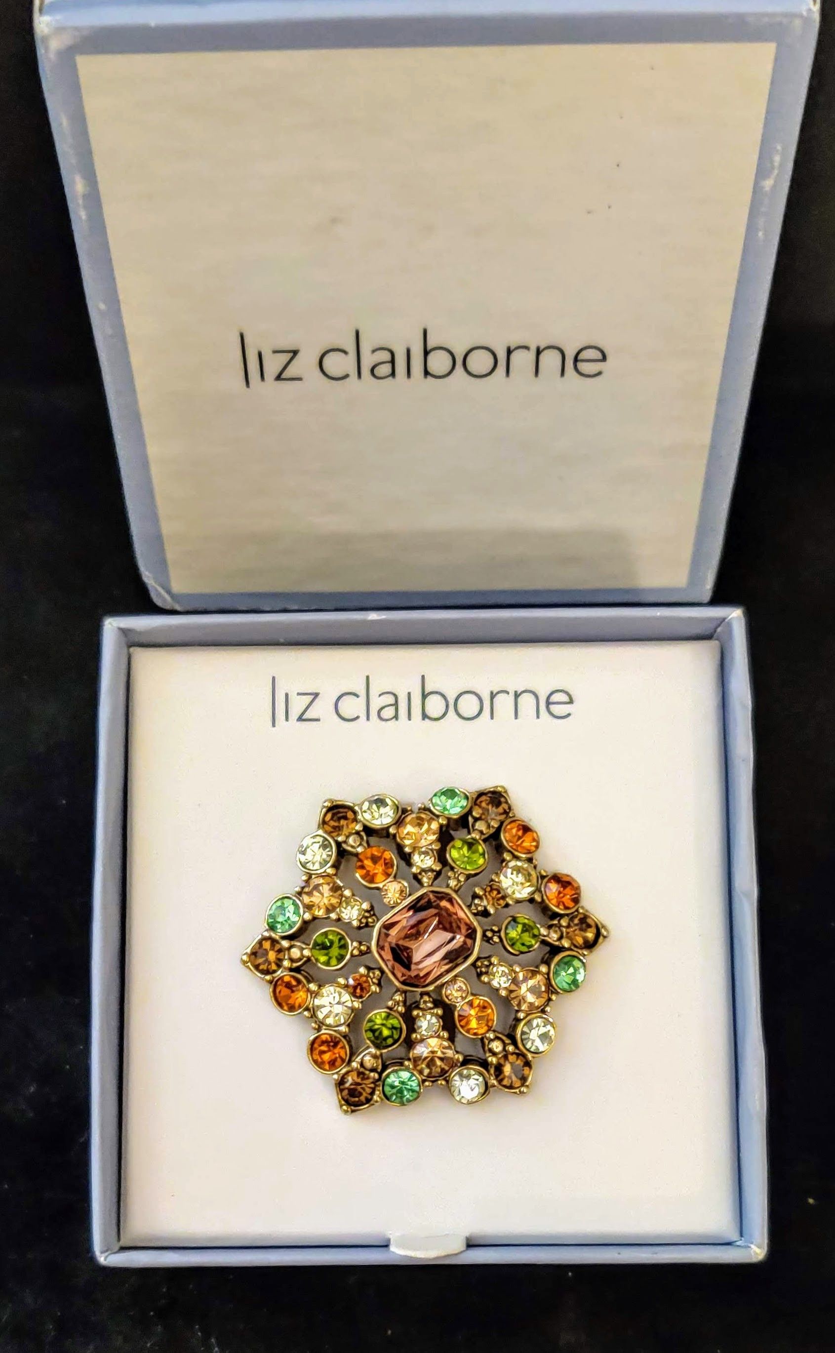 New In Box Liz Claiborne Gold Pin Brooch Amber Green Rhinestones