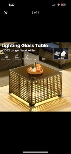 ovios Outdoor Side Table with Tempered Glass Top, Patio Wicker Solar Table, Rattan Bistro End Table