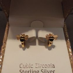 Nanette Lepore Sterling Silver 925 Bumblebee Bee Cubic Zirconia Hugger Hoop Earrings