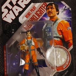 New 2007 Star Wars Rebel Pilot Biggs Darklighter Action Figure 30th Anniversary With Exclusive Silver Collector's Coin - Rare - Mint On Card - Sealed 