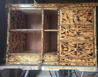 Rustic Burned Wood Cabinet with Shelves