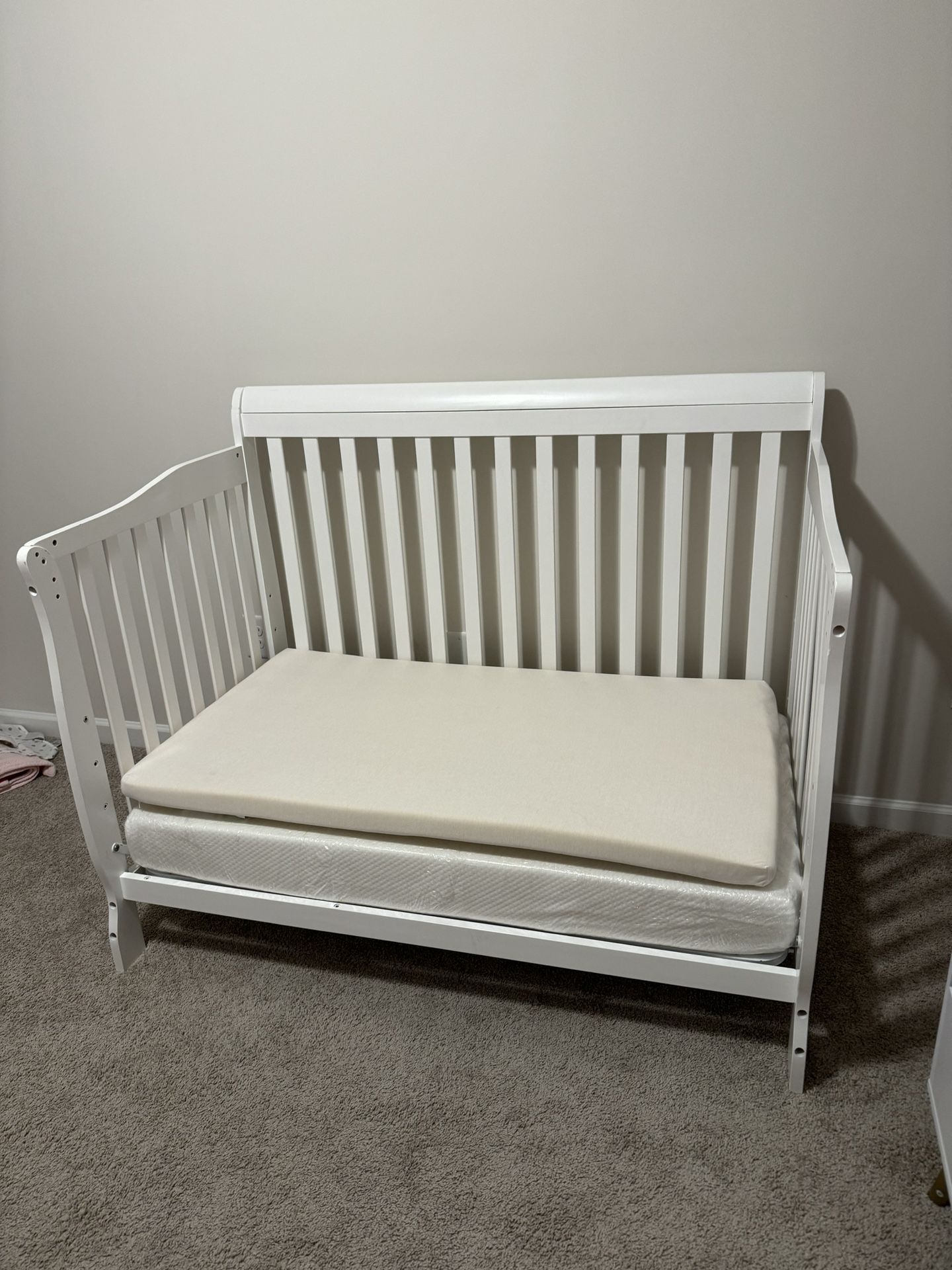 Baby To Toddler Crib With Mattress And Memory Foam Mattress Topper