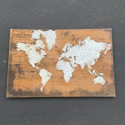 Wall Map Wood Steel Metal Modern World Art Rustic Modern Brown Silver