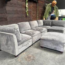 Grey Modular 6 Pc Fabric L Shape Sectional