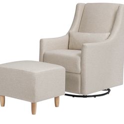 Babyletto Toco Upholstered Swivel Glider and Stationary Ottoman in Performance Beach Eco-Weave, Water Repellent & Stain Resistant, Greenguard Gold Cer