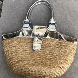 Woven Straw And Silver Handbag With Double Straps