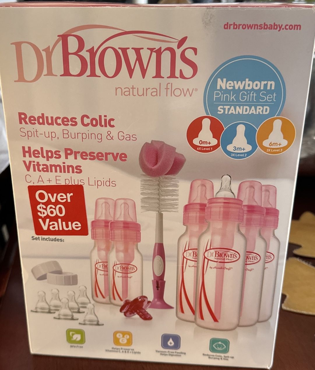DR BROWN- Natural Flow Pink Set/ Baby Bottles/ Bottle brush/ Travel caps