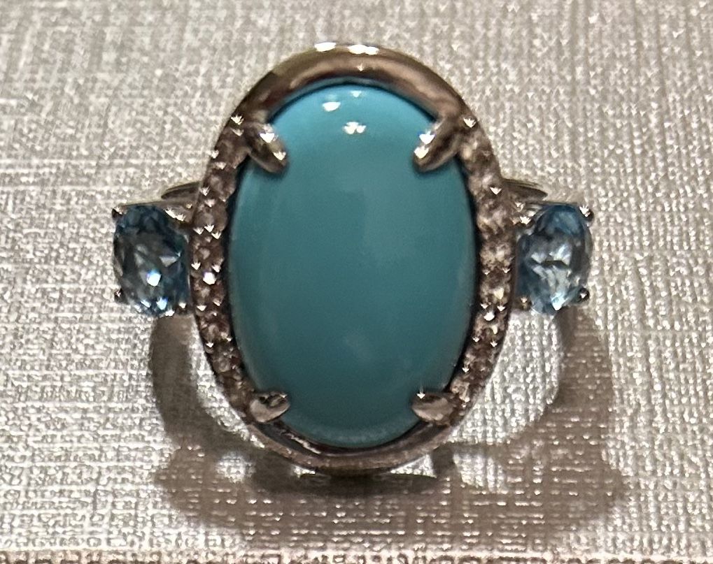Sleeping Beauty Turquoise and Swiss Blue Topaz and White Zircon Sterling Silver Ring