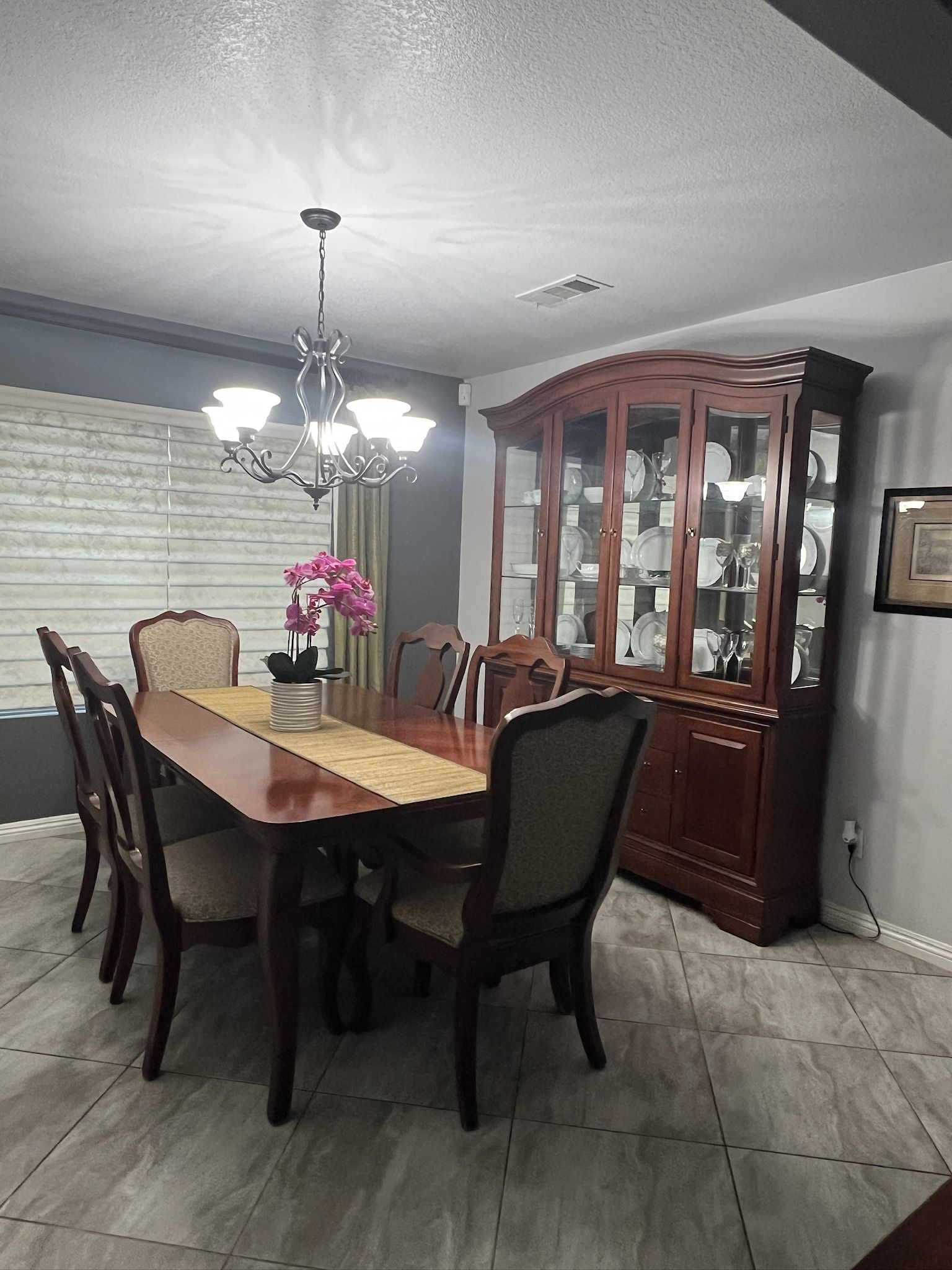 Thomasville Dining Table, 6 Upholstered Chairs, China Cabinet