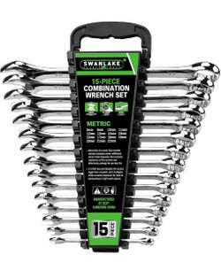 SWANLAKE 15-Piece Metric Combination Wrench Set, 12-Point Max Torque Open End Wrench Set, Cr-V Steel Wrenches 8, 9, 10, 11, 12, 13, 14, 15, 16, 17, 18