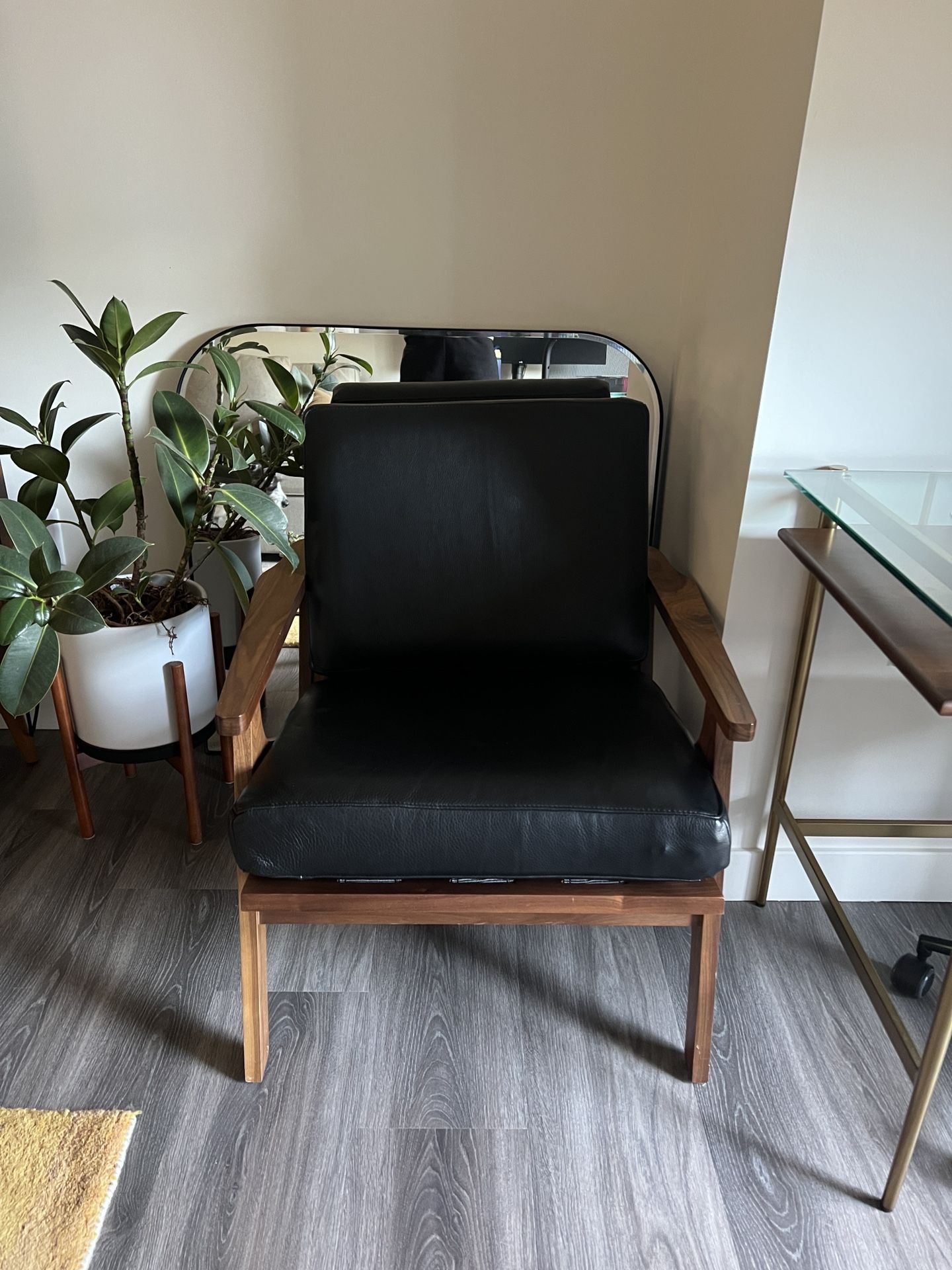West Elm Mid Century Modern Chair Walnut Frame, Italian Leather