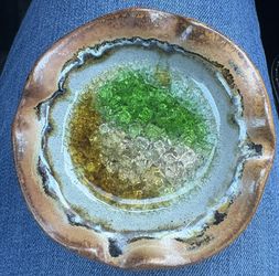 art Pottery Down To Earth green and blue tea-light burner Trinket Dish Ashtray w/ Crackled Glass Center