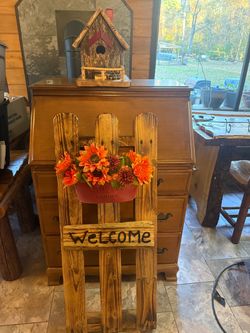 Rustic Wooden Welcome Sign with Flower Planter
