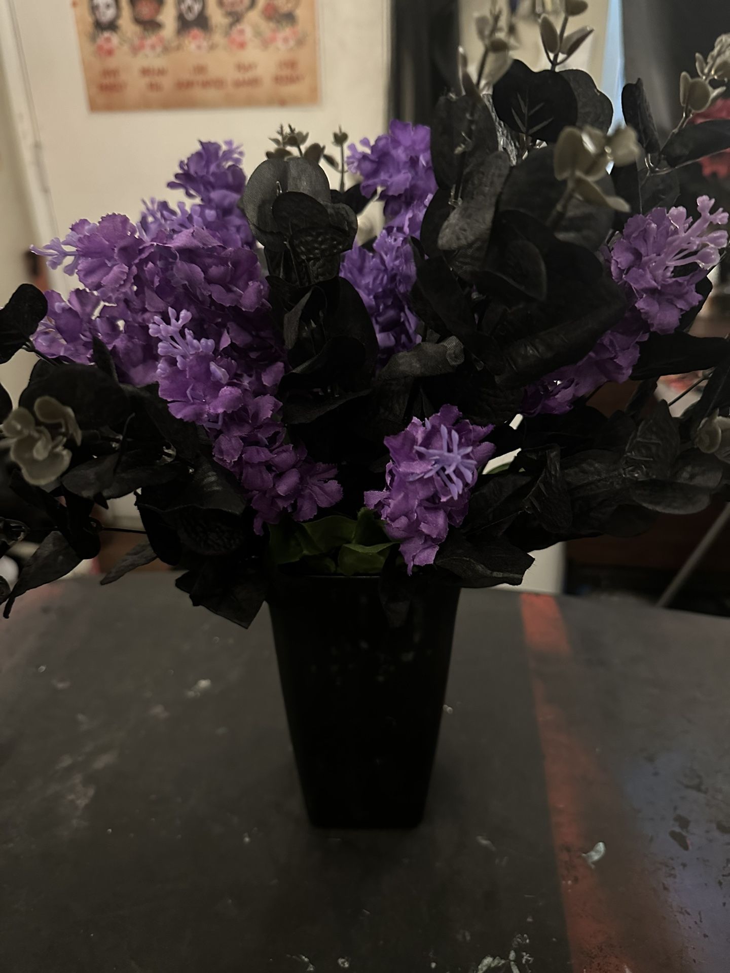Black & Purple Flowers With Black Vase