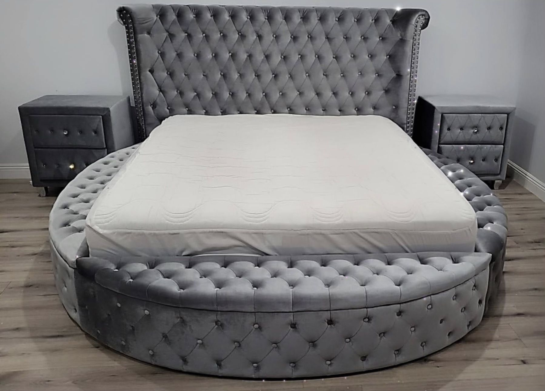 Grey Velvet Round Storage Bed Frame Brand New In Box Firm Price Queen $940 Eastern King $1,020