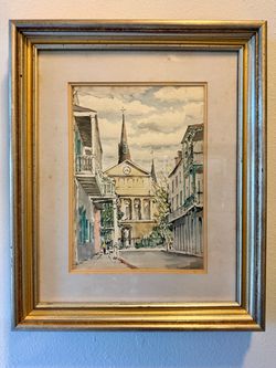Hubert Hanush Signed New Orleans French Quarter St Louis Cathedral Watercolor