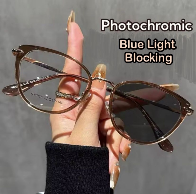 Women’s Reddish Brown Metal Cat Eye Photochromic Blue Light Blocking Eyeglasses