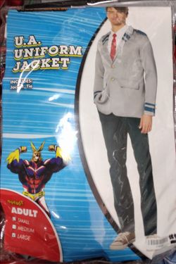 Size: Large, a packaged Spirit Halloween My Hero Academia U.A. Uniform Jacket adult costume