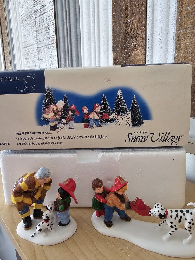 $20.00 - 1998 Christmas Department 56, Snow Village Collection " Fun At The Firehouse" - (2) Whimsical Porcelain Figurines: Kids/Dalmatians/Fireman!
