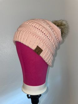 C.C pink thick knit beanie with faux fur pom