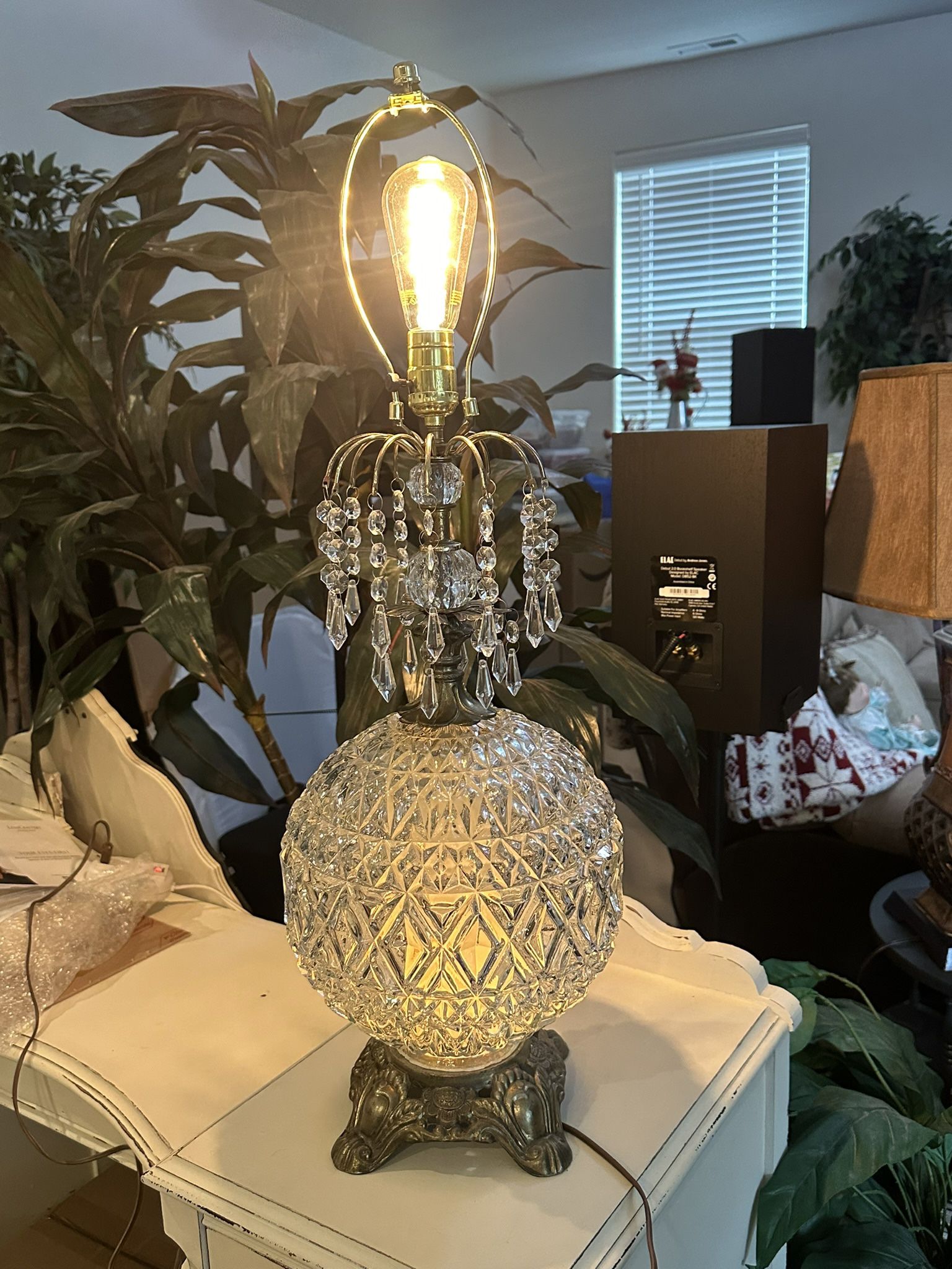 Vintage Crystal Lamp - 23.5” Tall, Night Light In Base, No Lamp Shade