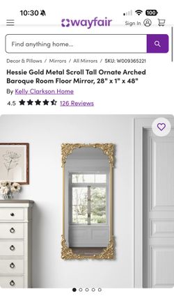 Hessie Gold Metal Scroll Tall Ornate Arched Baroque Room Floor Mirror, 28" x 1" x 48"