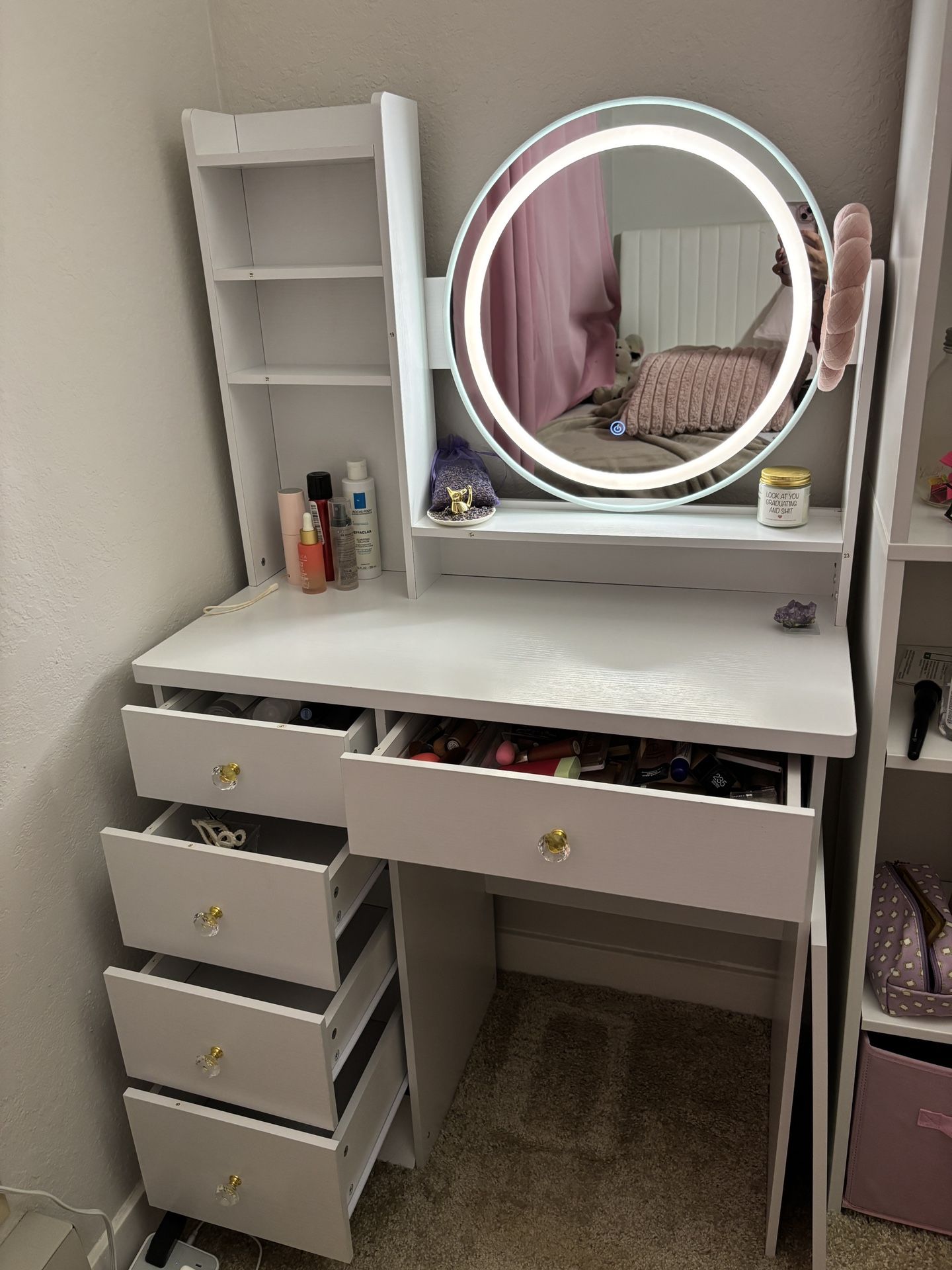 Round LED Mirror Vanity + Padded Stool