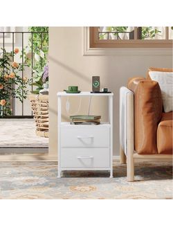 Nightstand with 2 Drawers, Charging Station & LED Light Fabric-Bin Dresser for Bedroom, Bedside, Kids Room, Dorm, Closet, Laundry and Entryway, White