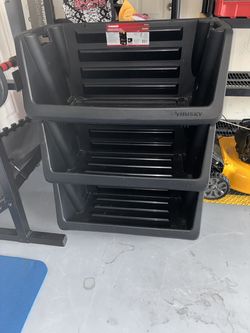 New condition (3) Husky 55 Gal. Multipurpose Stackable Space Saving Heavy Duty Storage Bin in Black