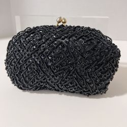 Vintage 1950s  Black Beaded black Satin Lined Clamshell Gold Frame Purse