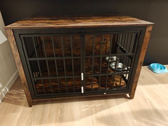 YaFiti 37.8" Dog Crate Furniture, Wooden Dog Kennel with Bowl, Rustic Brown
