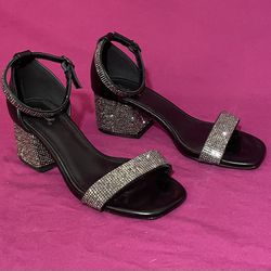 Strappy Sparkly Black Thick Heel