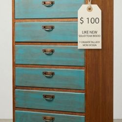 Like-New Solid Wood Mid-Century 7-Drawer Tallboy Dresser — 