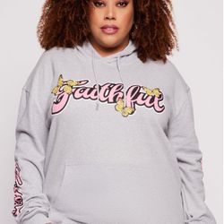 Women's Plus Size Christian Inspirational Faithful Graphic Print Hoodie Grey