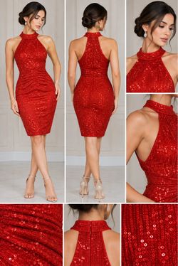 Red Sequin Halter Neck Cocktail Dress – Elegant Formal & Pageant Dress