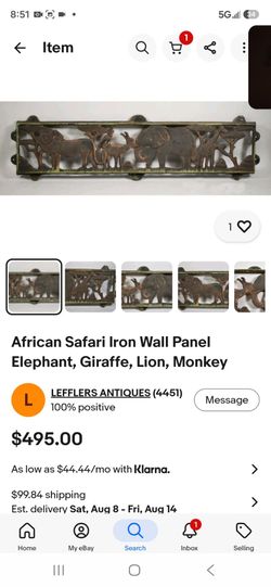 African Safari Iron Wall Panel Elephant, Giraffe. Lion. Monkey. 29.5 By 8 inches