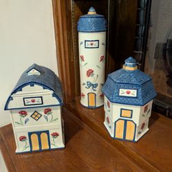 3 Piece Set lenox poppies on blue cookie jar Canister 