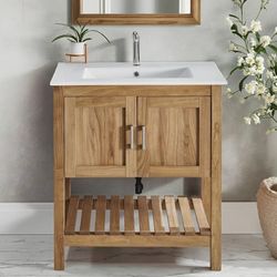 1493/709 30 Inch Rustic Solid Elm Wood Bathroom Vanity Set with Ceramic Sink, Storage Cabinet & Open Shelf & 2 Soft-Close Doors - Freestanding Vanity 