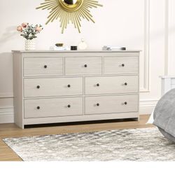 N15 $160 55'' Natural Dresser for Bedroom, 7 Deep Drawer Large Wood Dresser with Gold Handles, Modern Wide Storage Dressers & Chests of Drawers for H